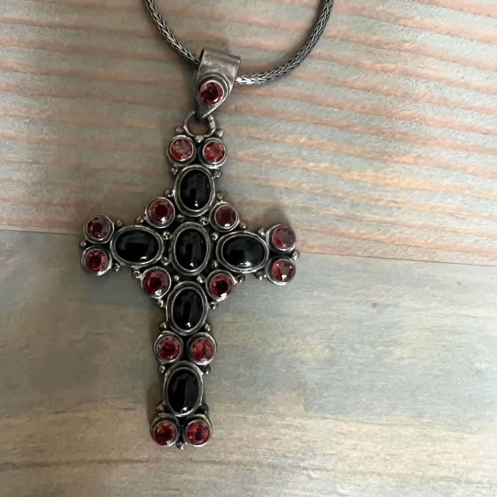 Sterling Silver garnet Cross Pendant Necklace